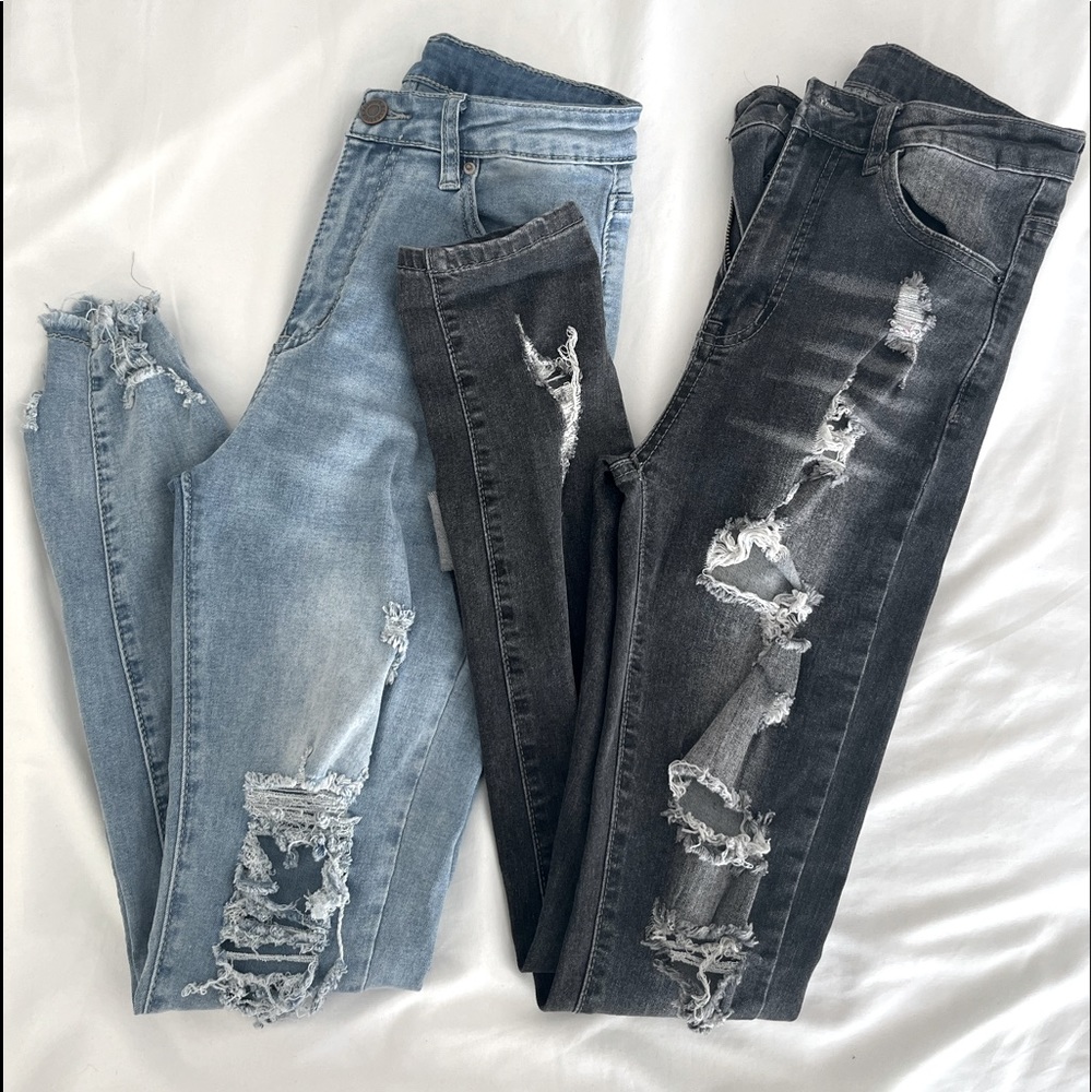Used: Shein Distressed Skinny Jeans, Blue and Black, Size Small